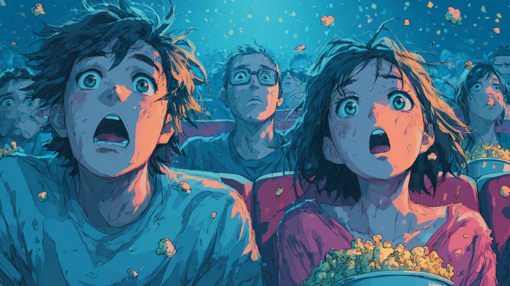 映画館で怖い映画を楽しむ人々